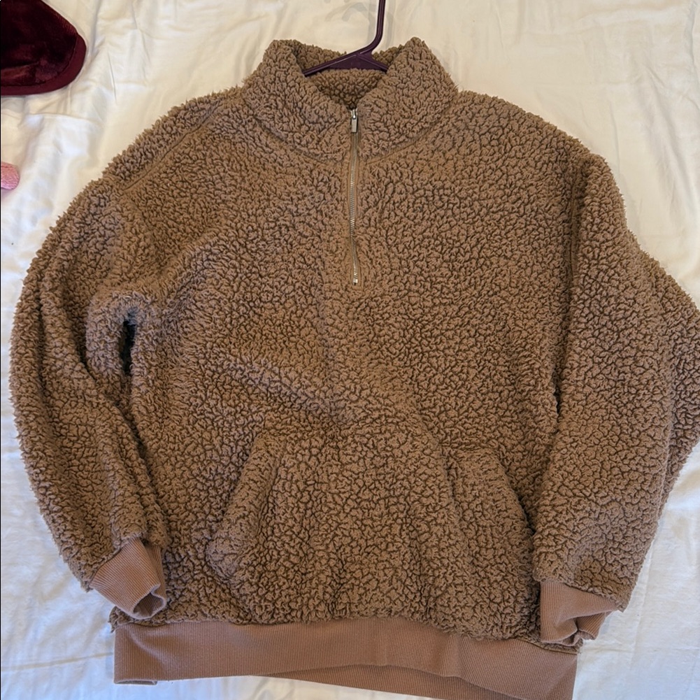 Cozy Sherpa Half-Zip Pullover In Taupe